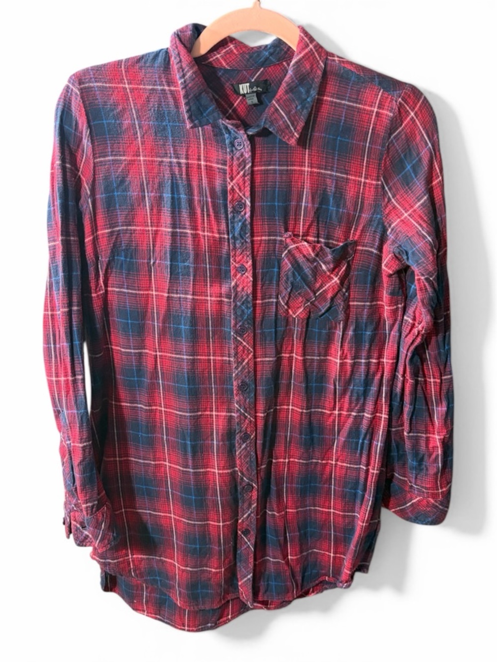 Kut from the Kloth 100% CorronRed and Blue Plaid Button-Up Shirt